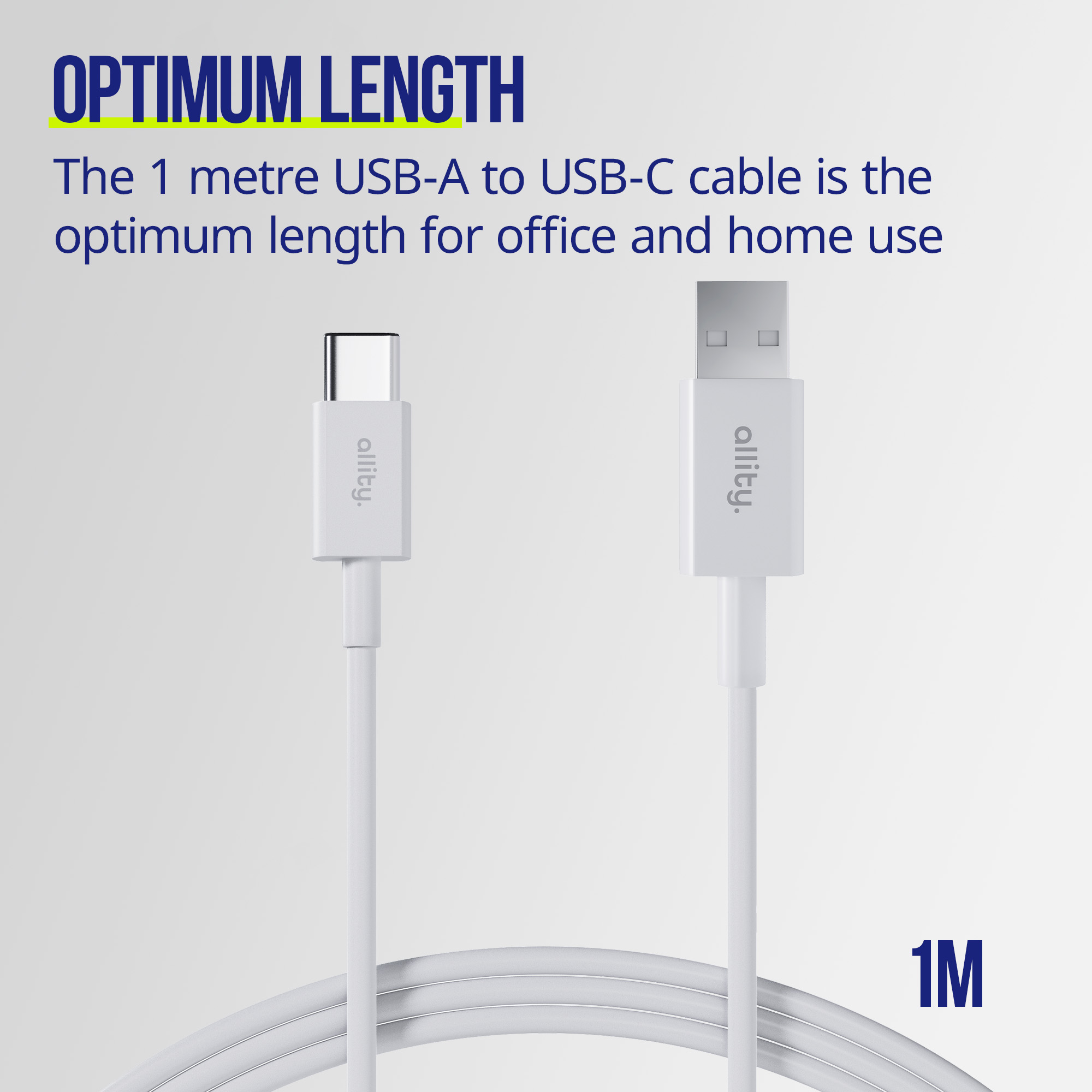 Biały kabel USB-A do USB-C o długości 1 metra, z końcówkami.