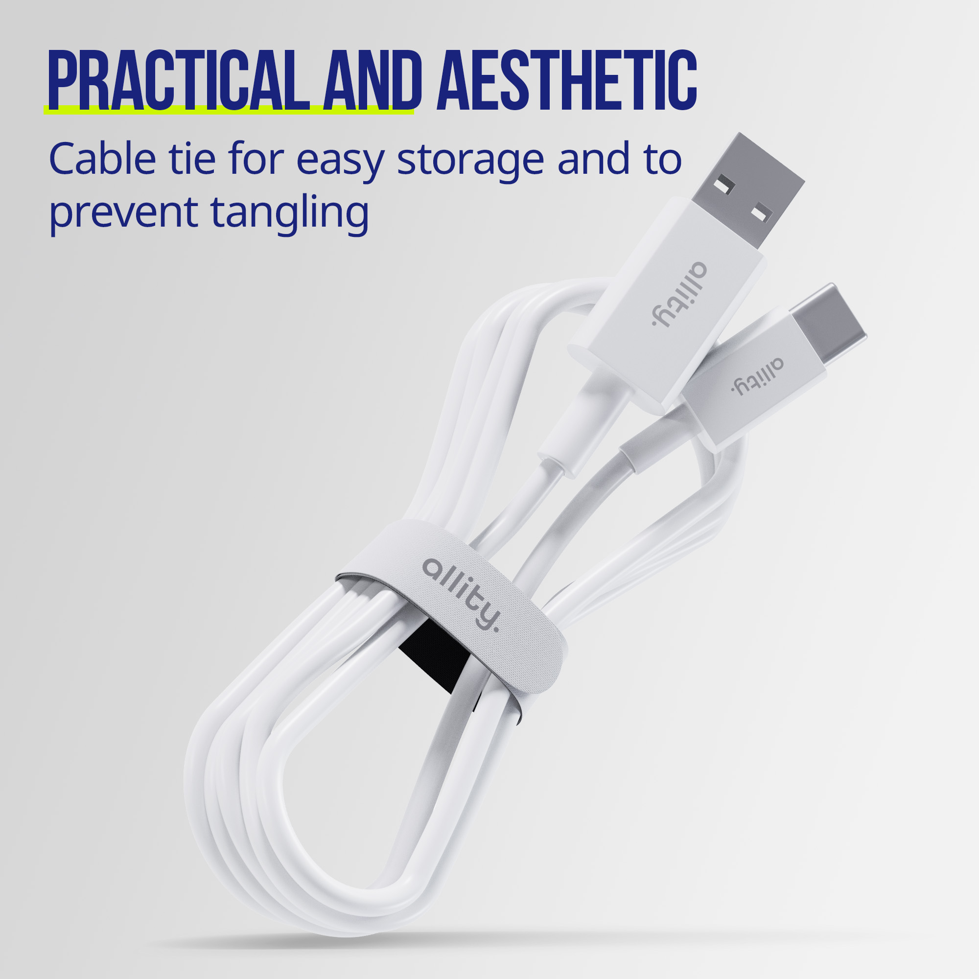 Biały kabel z wtyczkami USB-C i USB-A, trzymany przez szary rzep.