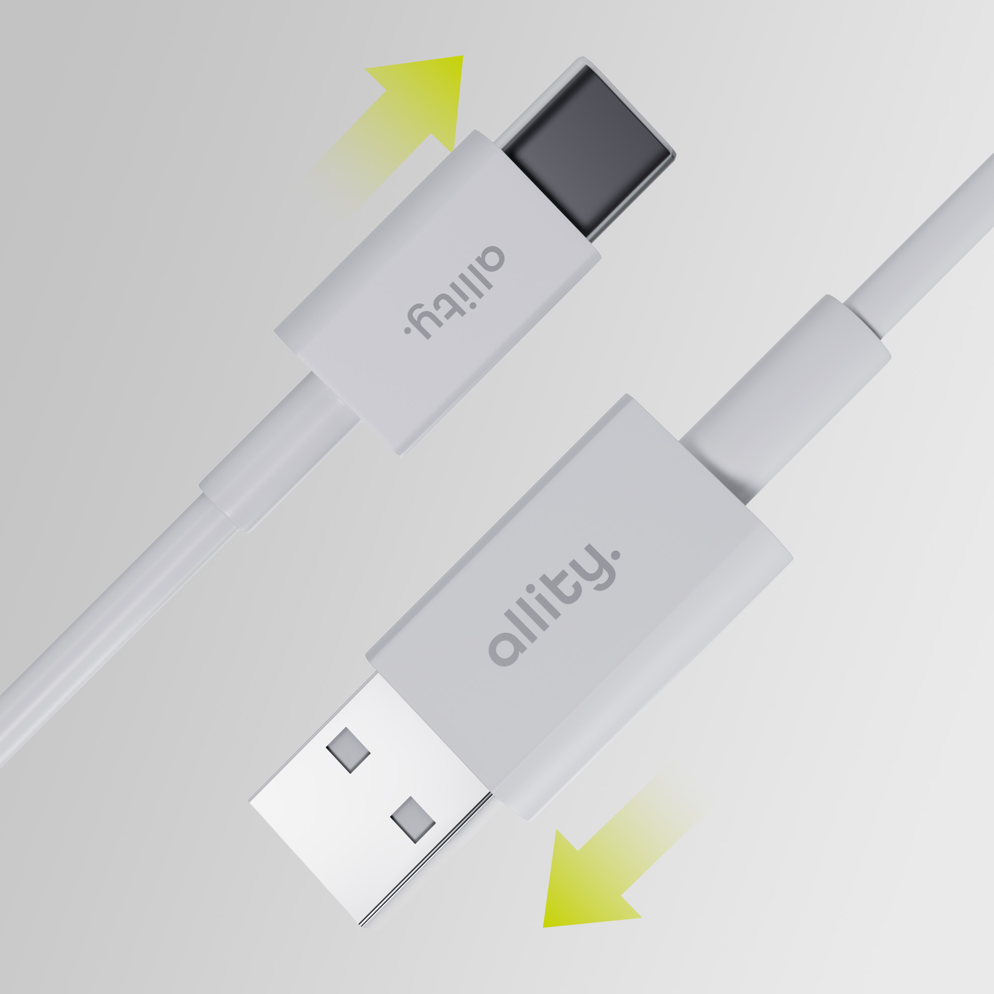 Biały kabel USB-C i USB-A z żółtymi strzałkami wskazującymi na złącza.