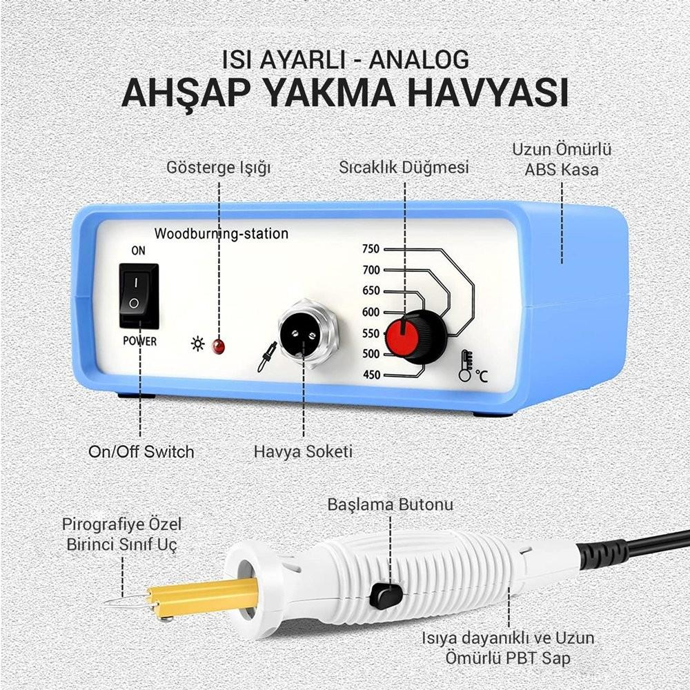 Sıcaklık ayarlı, anahtarlı ve aksesuarlı mavi ahşap yakma istasyonu.