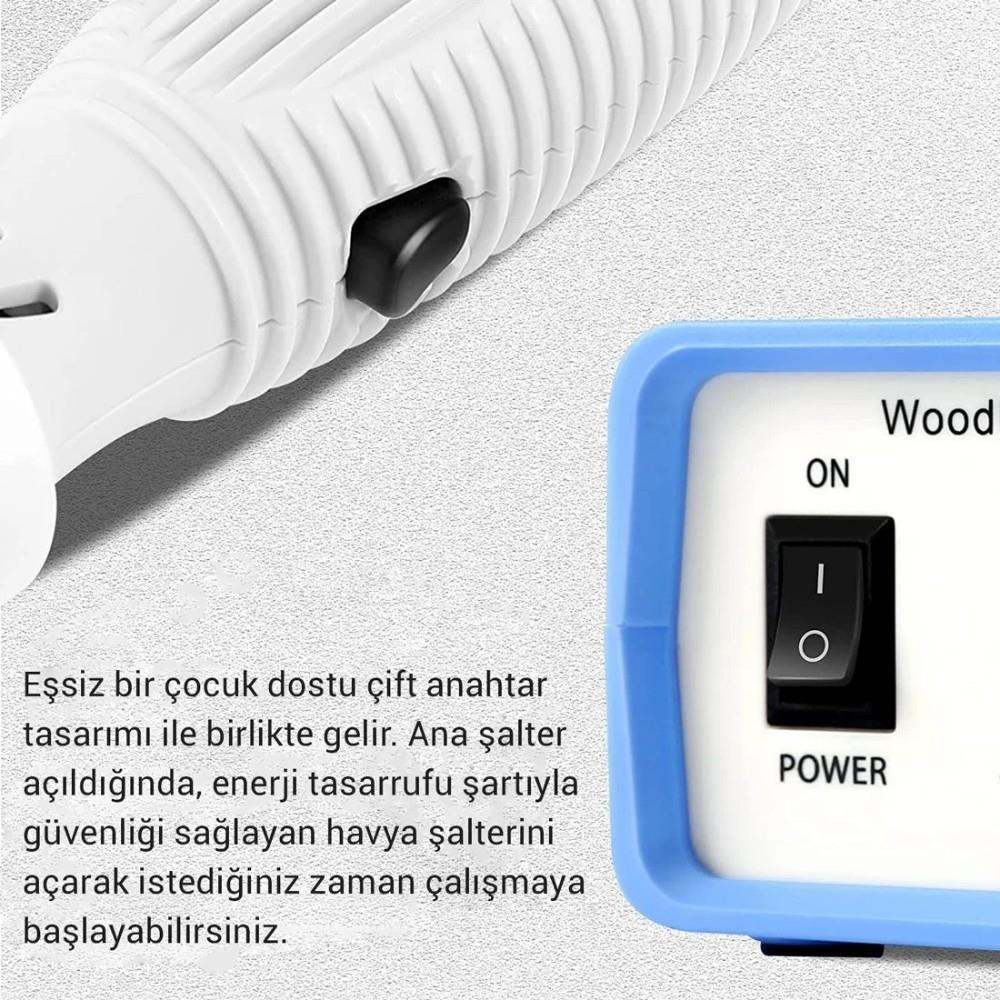 Siyah anahtarlı ve 'Wood' etiketli beyaz bir alet.