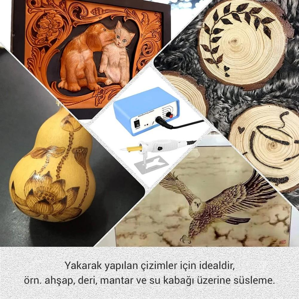 Ahşap yakma sanatı kolajı: deri kabartma, su kabağı, aletler, ahşap dilimleri, kartal.