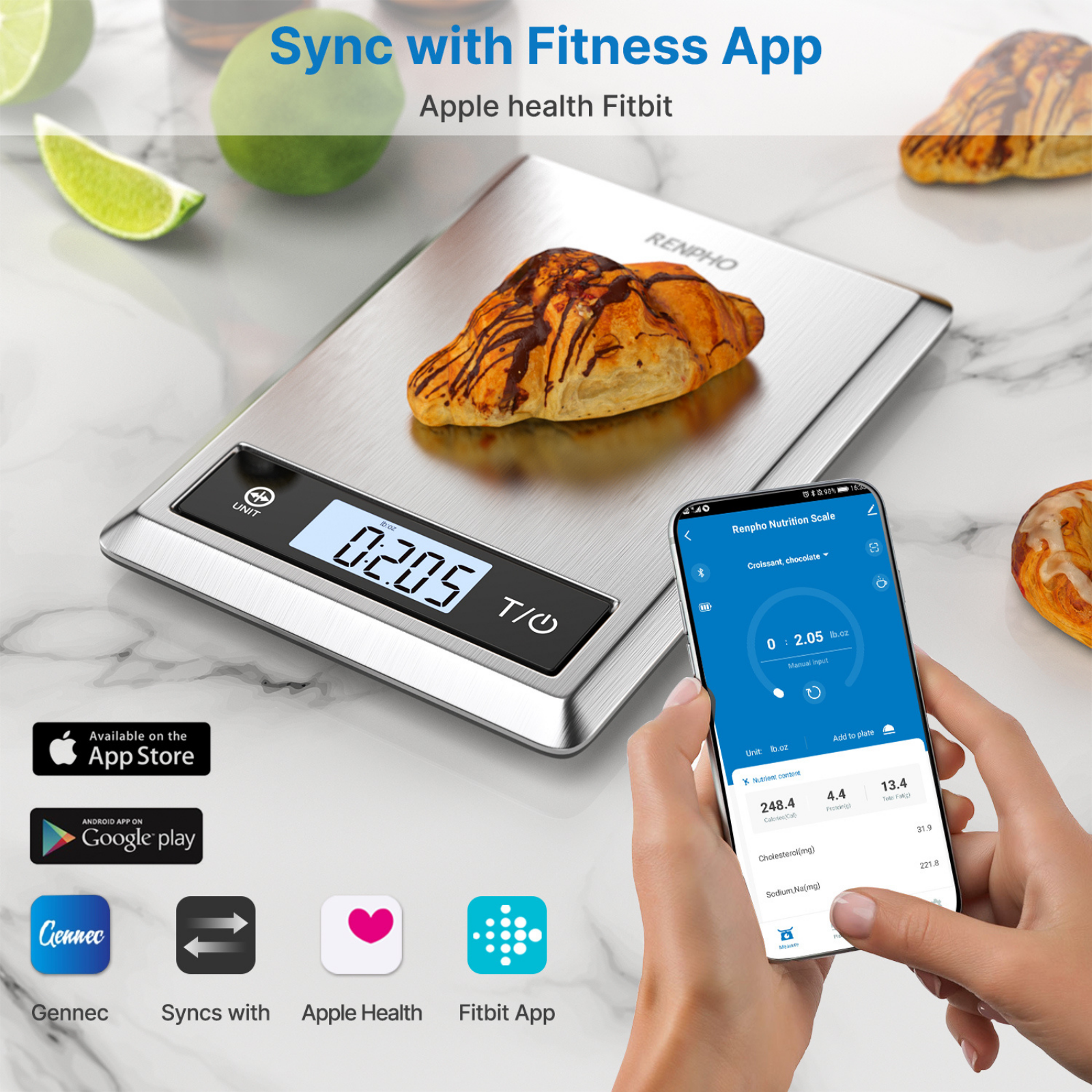 A digital kitchen scale with a croissant and a smartphone showing a nutrition app.