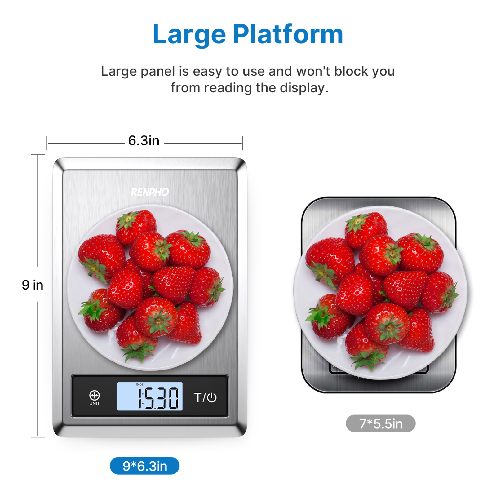 Two digital kitchen scales with strawberries on plates. One is larger.