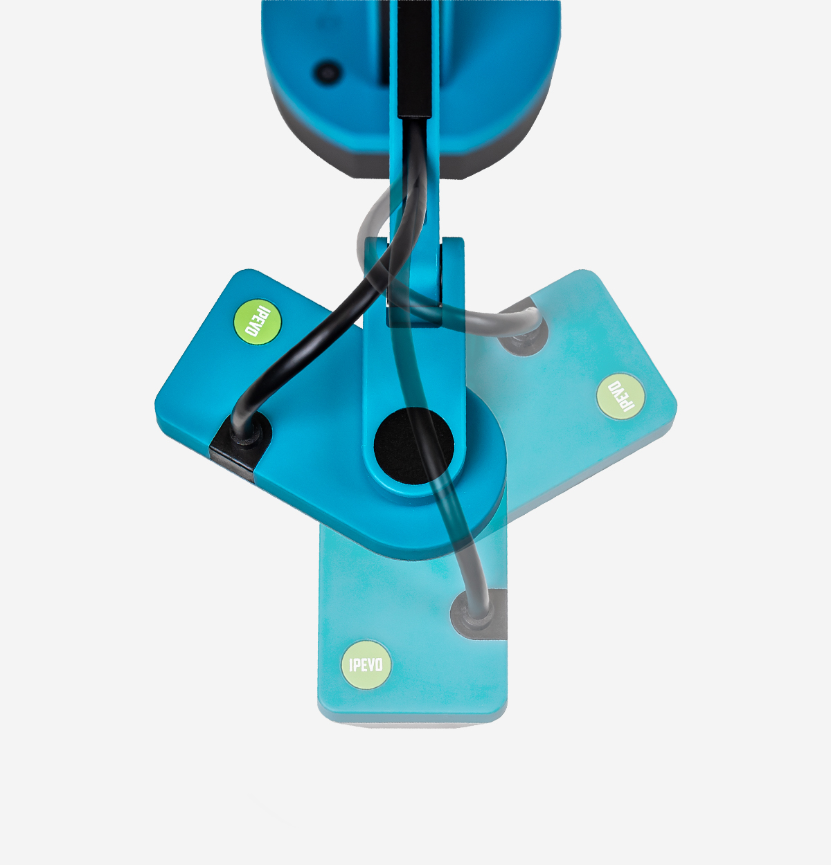 Blauer flexibler Lampenarm mit schwarz-grauem Kabel und IPEVO-Logo.
