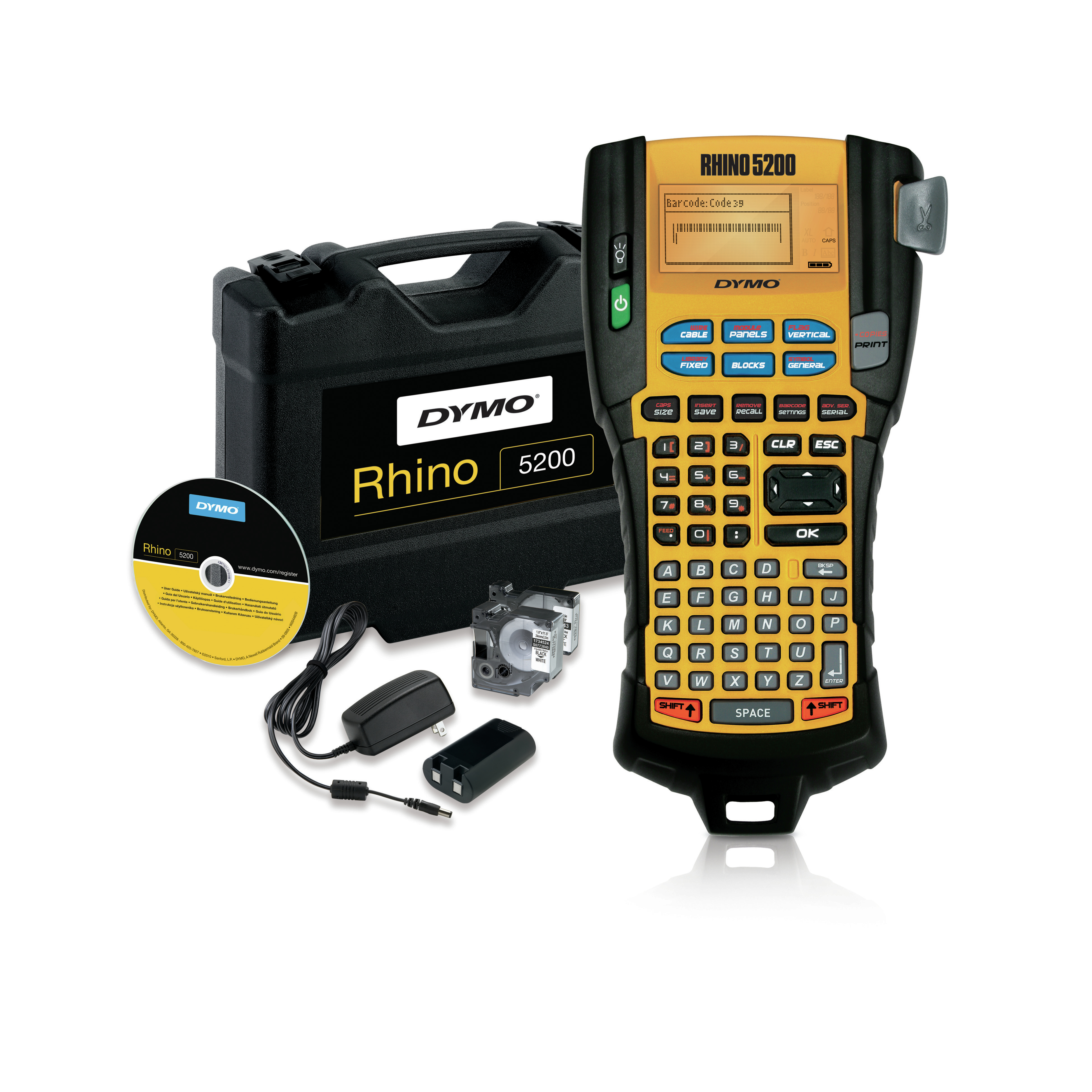 Etichettatrice DYMO Rhino 5200 con accessori: valigetta, CD, batteria, adattatore, cartuccia nastro.