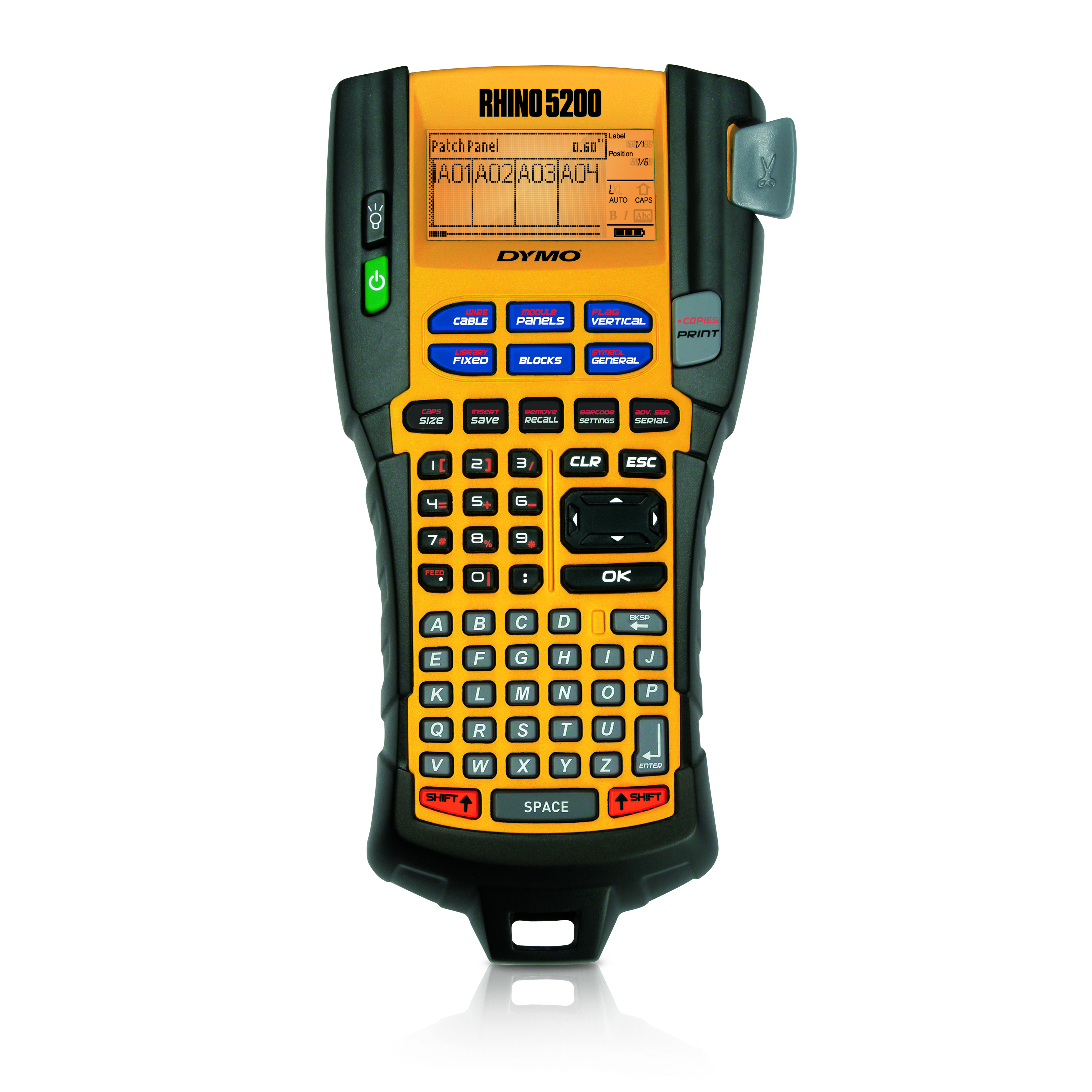 Una etichettatrice DYMO Rhino 5200 gialla e nera con schermo LCD e tastiera.