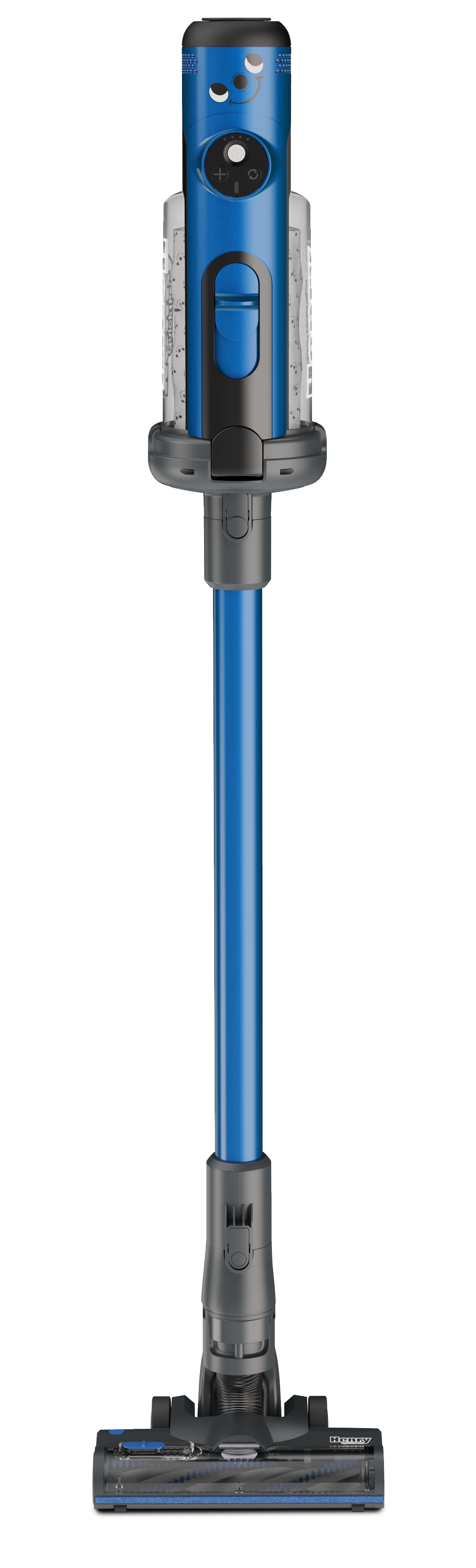 Een blauwe steelstofzuiger met een transparante stofbak en een borstelkop.