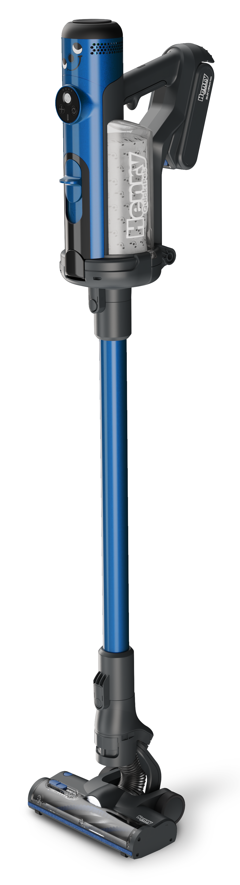 Een blauwe kruimelzuiger met een doorzichtige stofbak en zwarte handgreep.