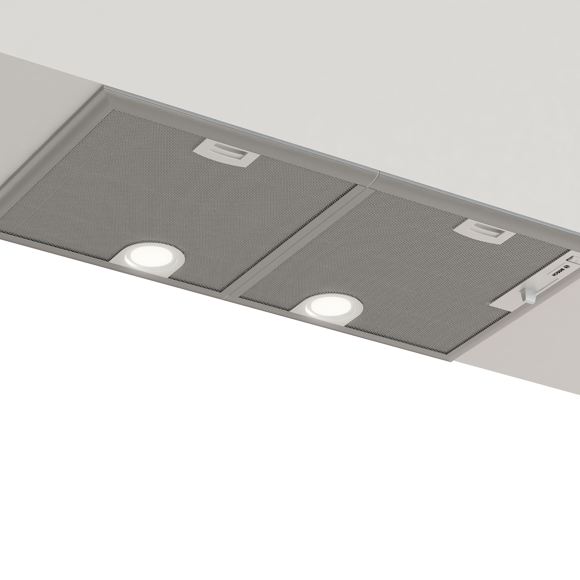 Eine silberne Bosch Dunstabzugshaube mit zwei Lichtern und Metallfiltern.