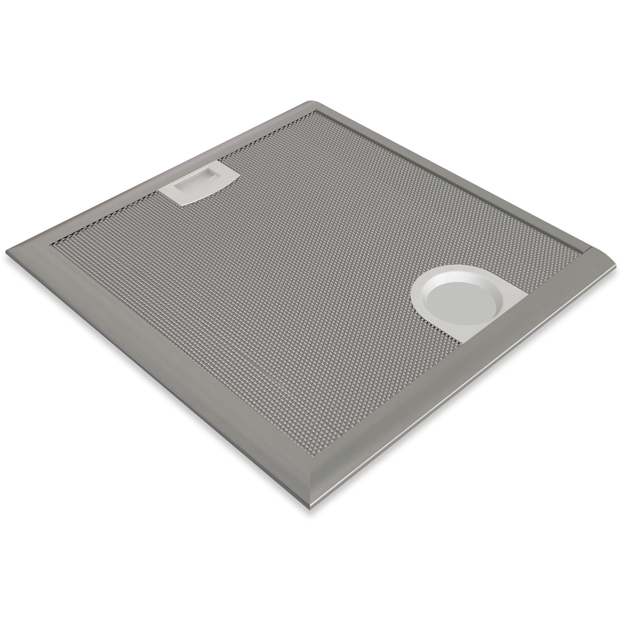 Ein rechteckiger Dunstabzugshaubenfilter aus Metall mit silbernem Rahmen und Griffen.