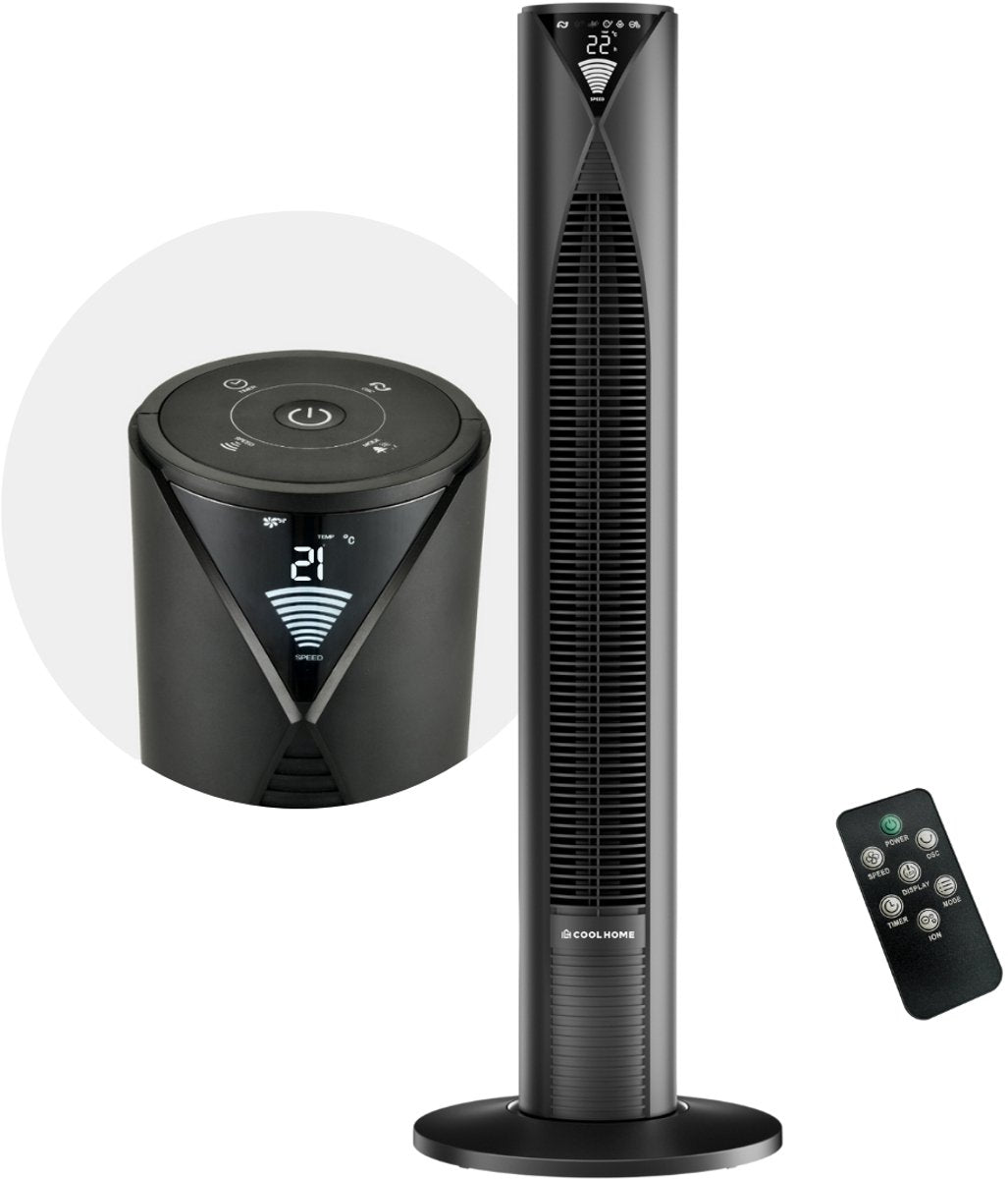 Zwarte torenventilator met afstandsbediening en apart bedieningspaneel.