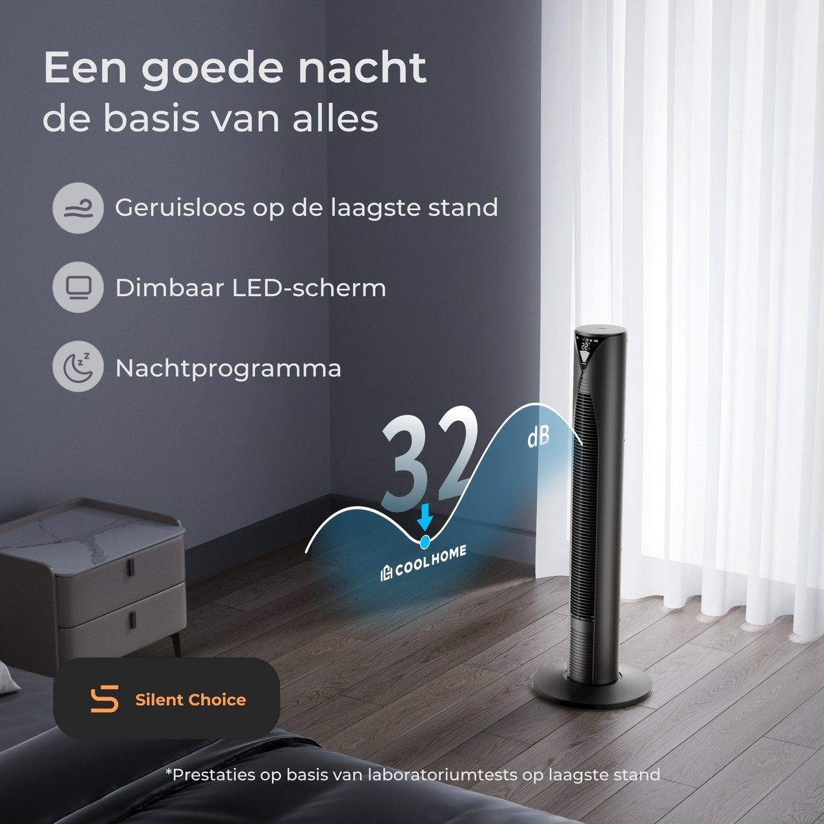 Zwarte torenventilator met 32 dB geluidsniveau op de laagste stand.