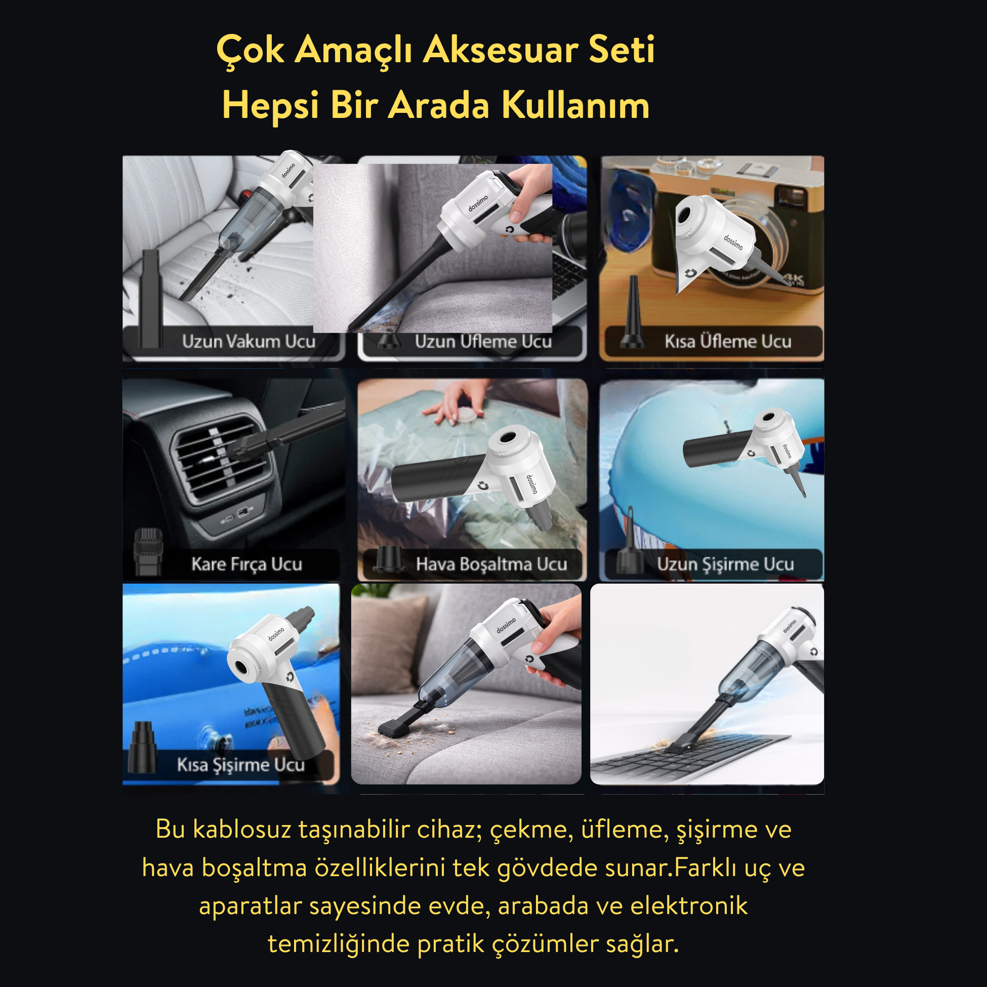 Vakum, üfleme, şişirme ve boşaltma için çeşitli aparatlara sahip taşınabilir cihaz.
