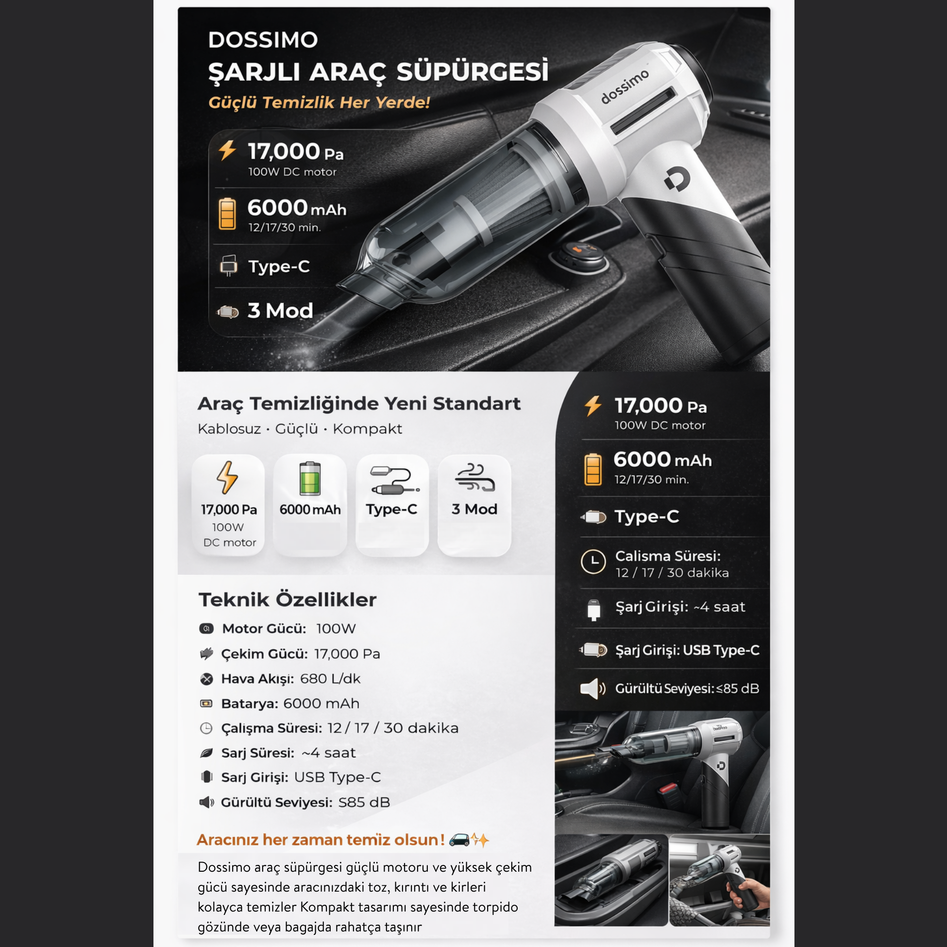 Dossimo şarjlı araç süpürgesi: 17.000 Pa, 100W motor, 6000 mAh batarya.