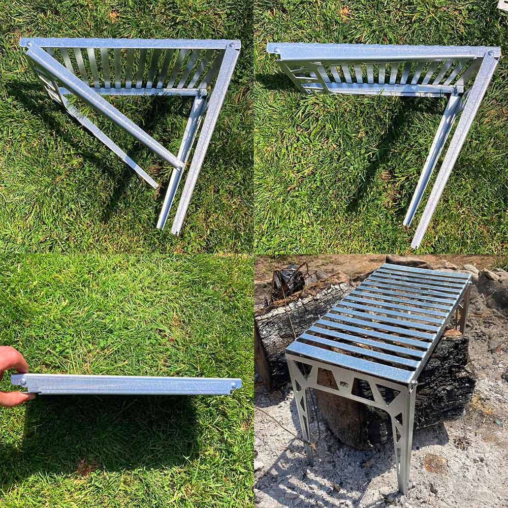 Katlanabilir metal ızgara, çimen üzerinde ve kütüklerin üzerinde.