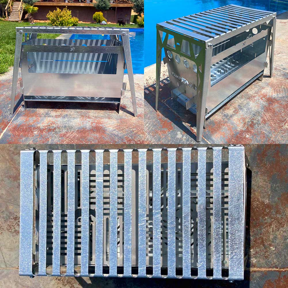 Gümüş rengi bir barbekü, havuzun yanında çeşitli açılardan gösteriliyor.