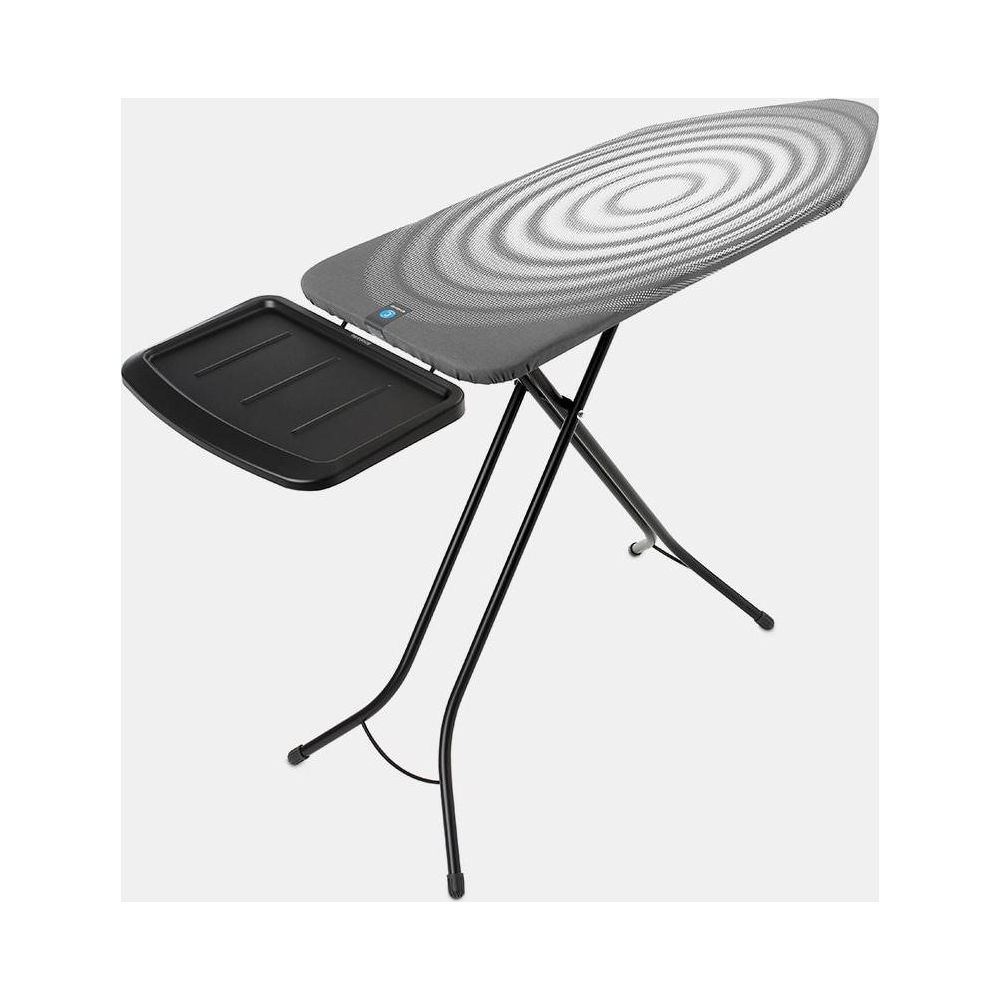 A grey ironing board with a black metal frame and tray.