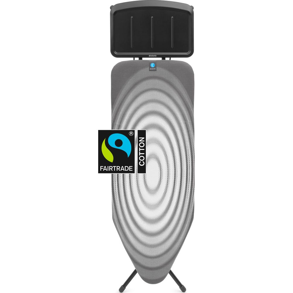 An ironing board with a grey cover, black tray, and Fairtrade logo.