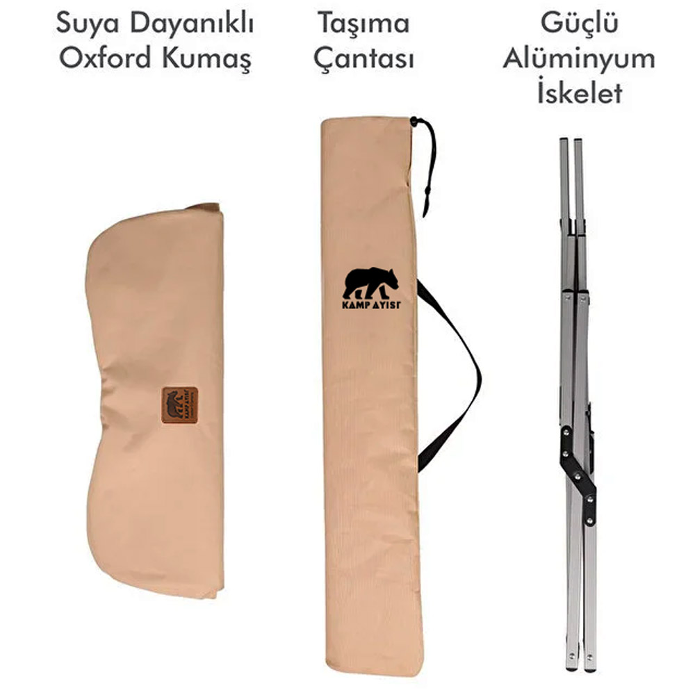 Katlanmış alüminyum iskelet ve üzerinde ayı logosu olan iki bej çanta.