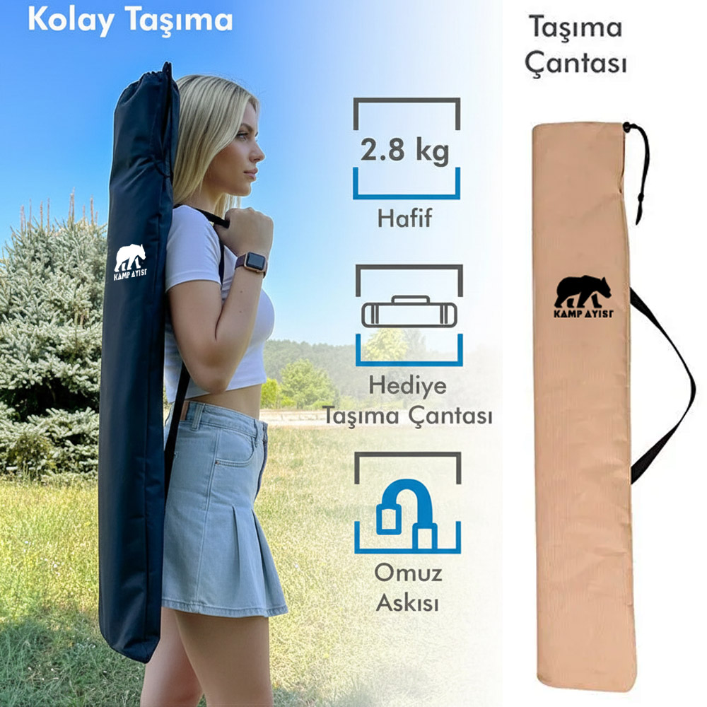 Ayı logolu siyah çanta taşıyan kadın; metin 2,8kg, hafif, hediye çanta, omuz askısı vurgular.
