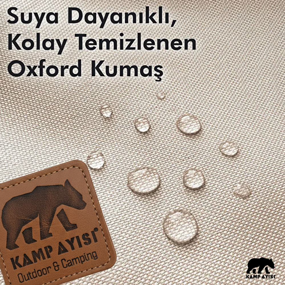 Su damlaları ve ayı figürlü deri etiketli bej Oxford kumaş.