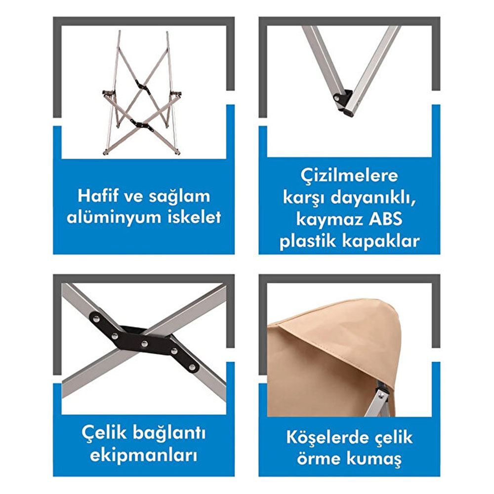 Hafif, sağlam alüminyum iskelet, çizilmez ABS kapaklar, çelik bağlantılar, kumaş köşeler.
