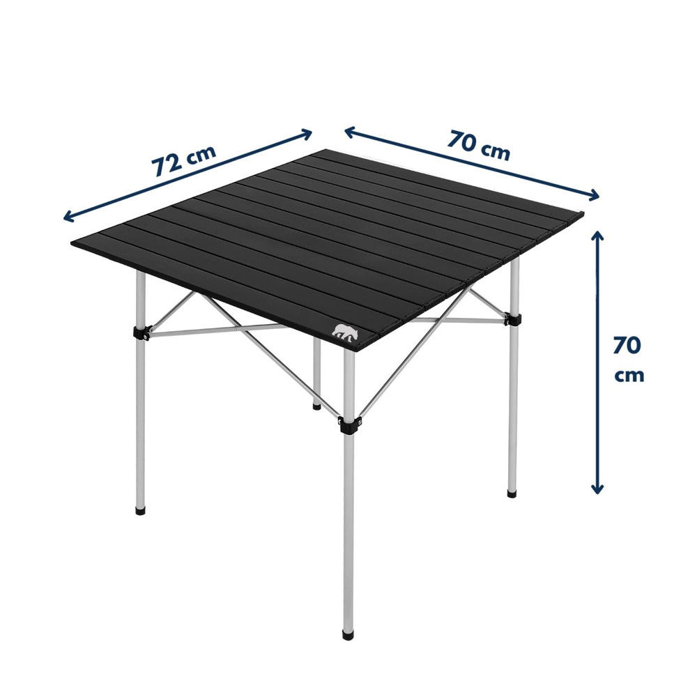 72x70 cm boyutlarında ve 70 cm yüksekliğinde siyah katlanır masa.
