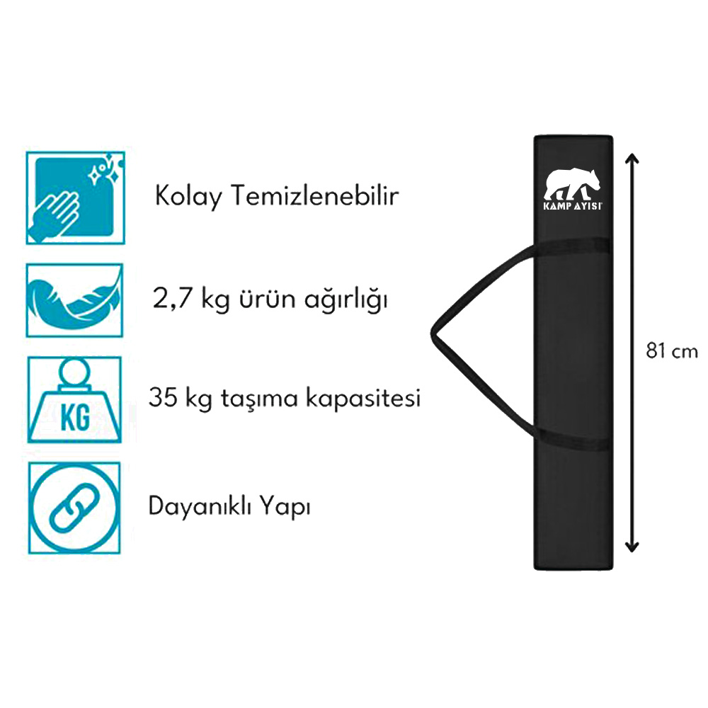 Siyah çanta, 81 cm yüksekliğinde, saplı ve logolu. Kolay temizlenir.