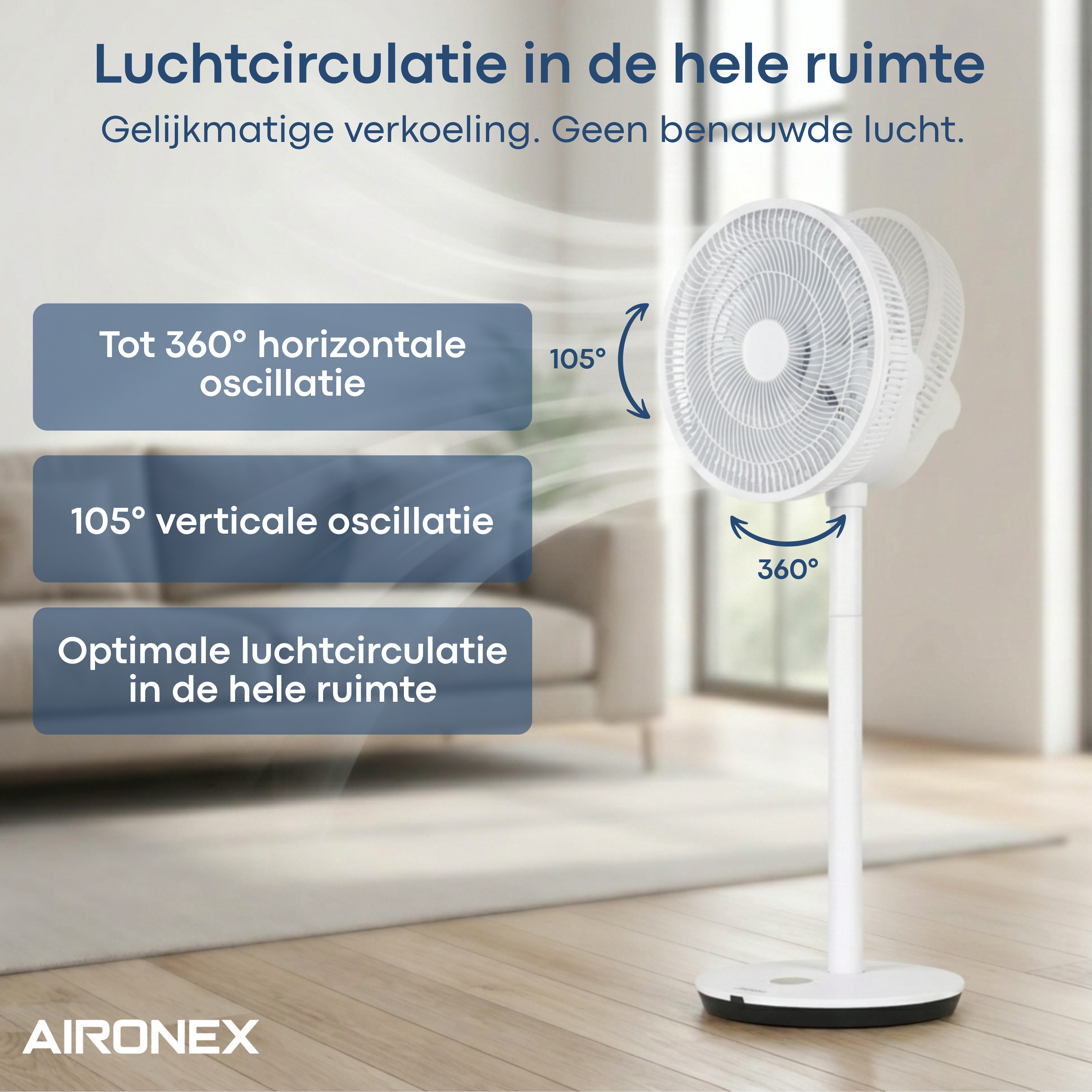 Wintem Staande ventilator met zonnepaneel, accu 6000 mAh, automatische
