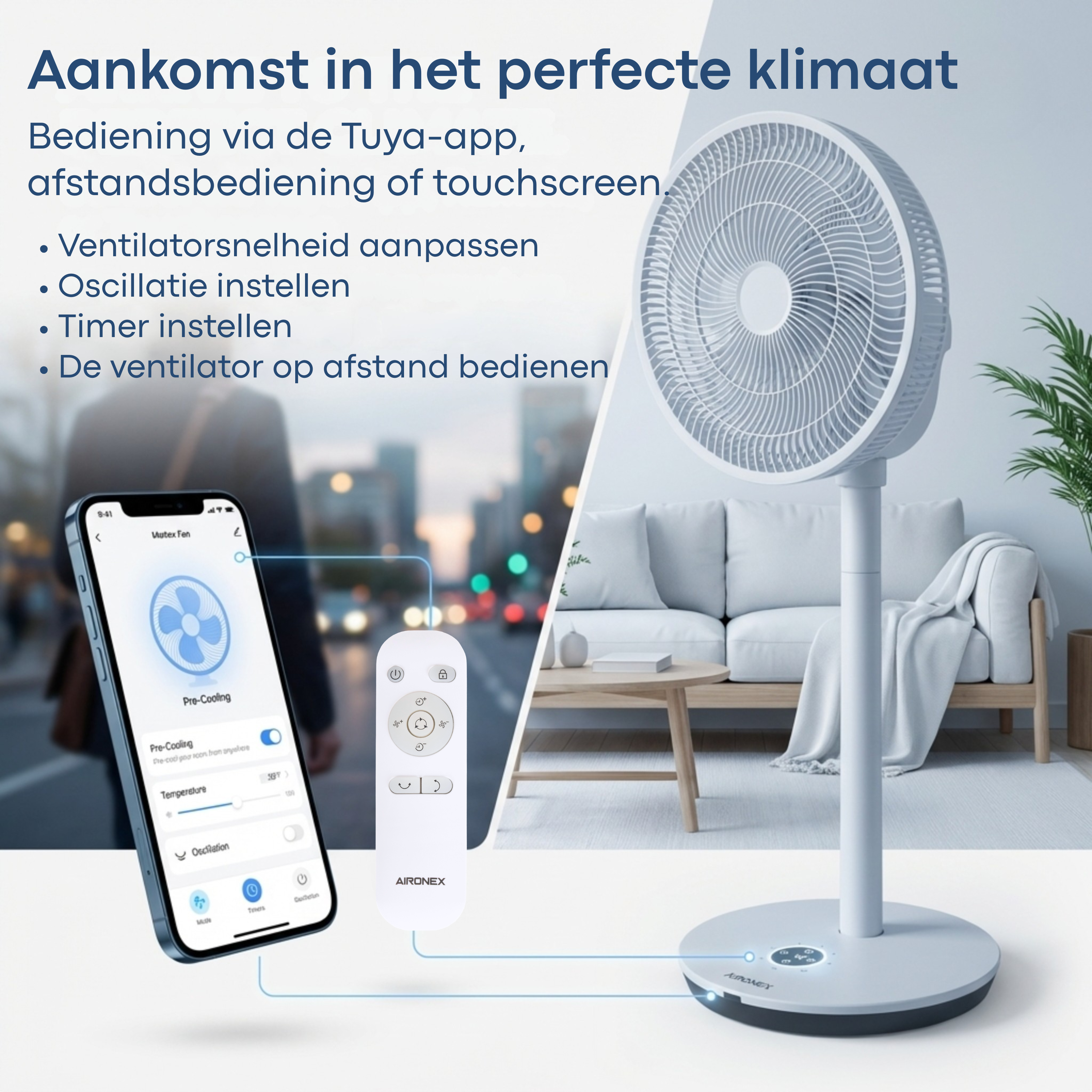 Ein weißer Standventilator wird in einem Wohnzimmer gezeigt, daneben ein Smartphone mit App und Fernbedienung.
