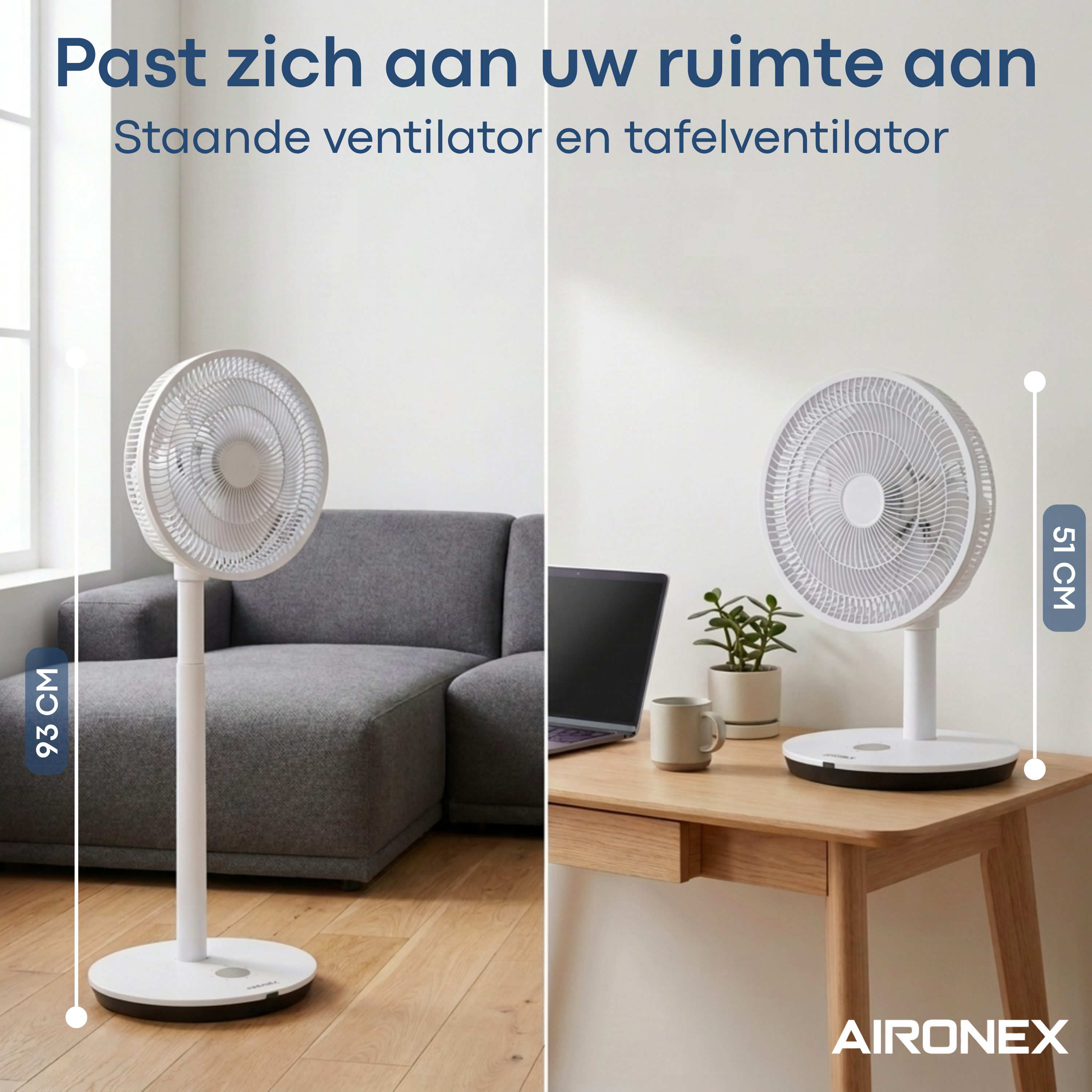 Ein Standventilator (93cm) neben Sofa, ein Tischventilator (51cm) auf Schreibtisch.