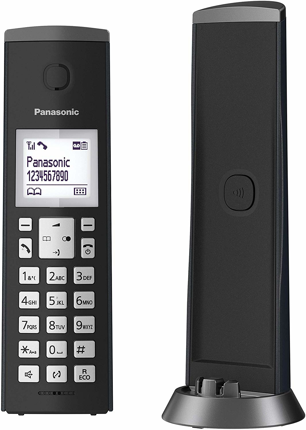 Teléfono inalámbrico Panasonic negro con base de carga. Vista frontal muestra pantalla y teclado.