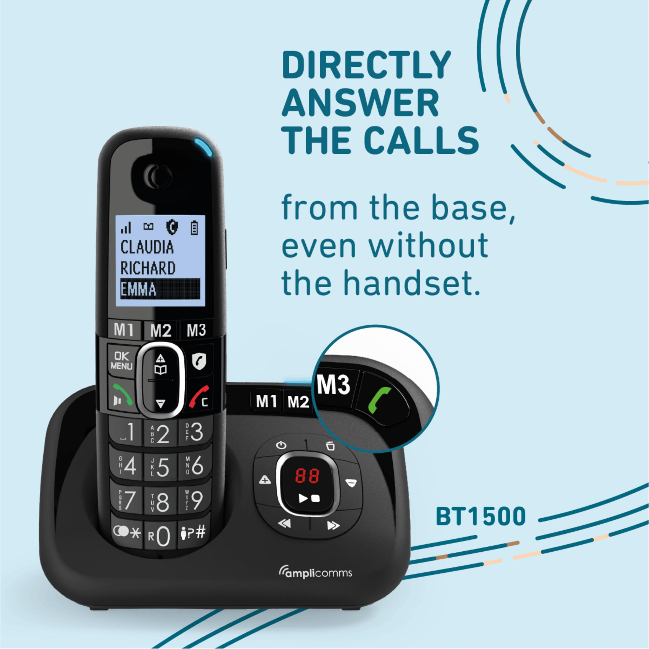 Een draadloze telefoon met basisstation en een handset die namen toont.