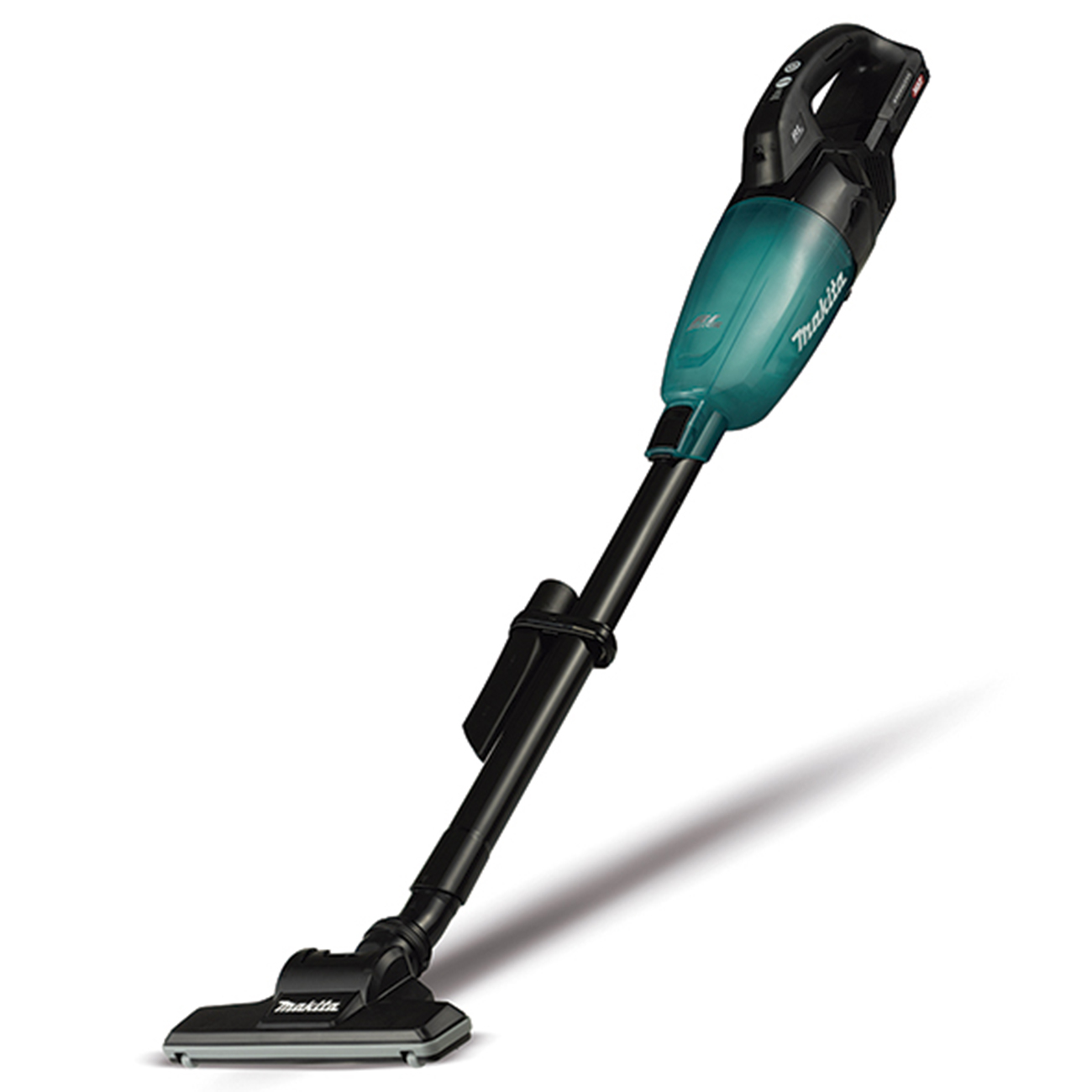 Un aspirapolvere Makita senza fili color verde acqua con tubo nero.