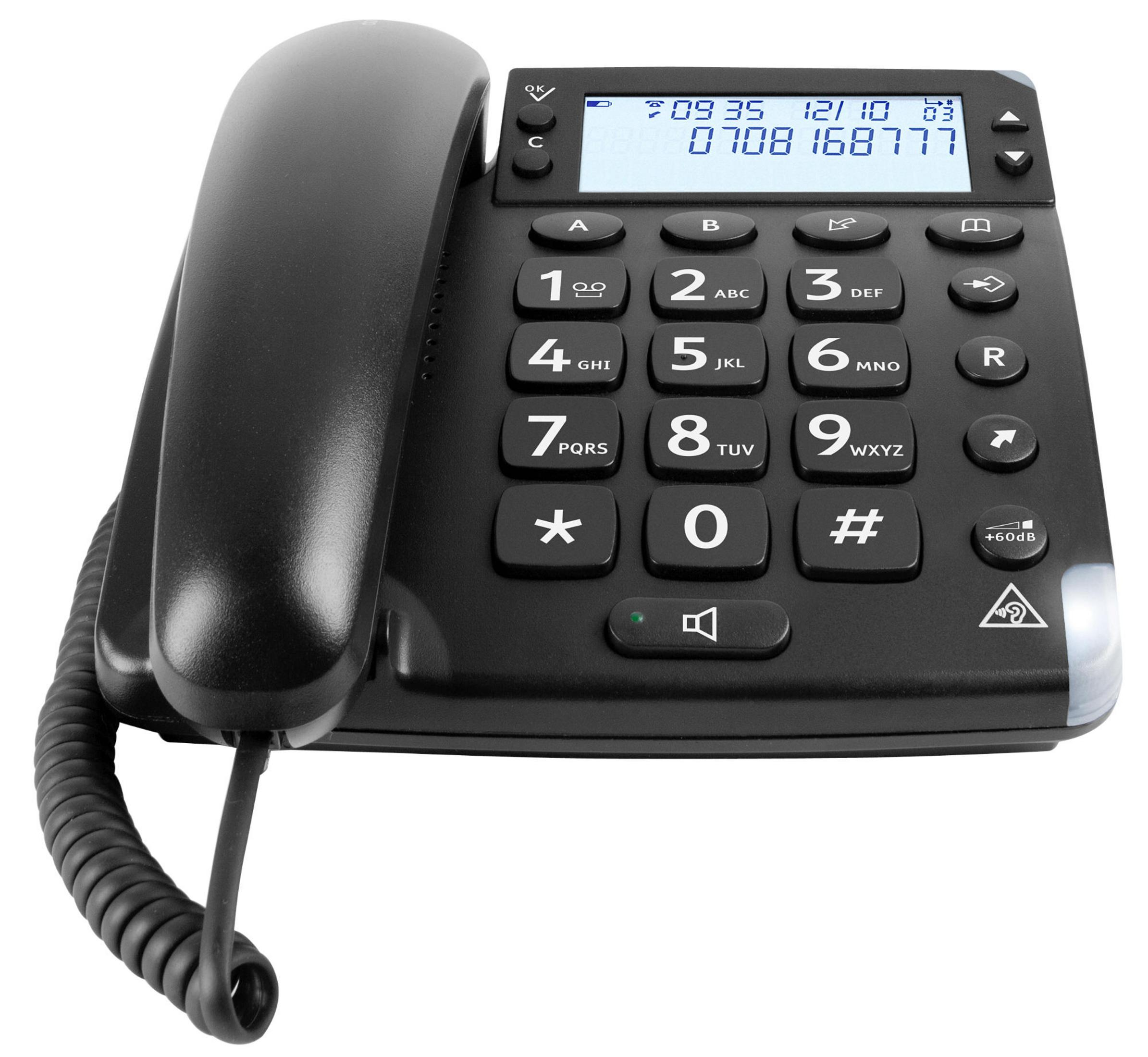 Un teléfono negro con cable y pantalla digital que muestra un número de teléfono.