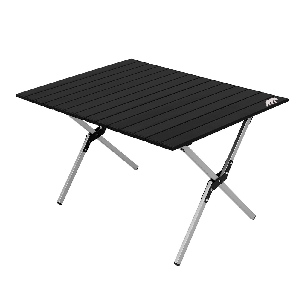 Gümüş metal ayaklı ve ayı logolu siyah katlanır masa.