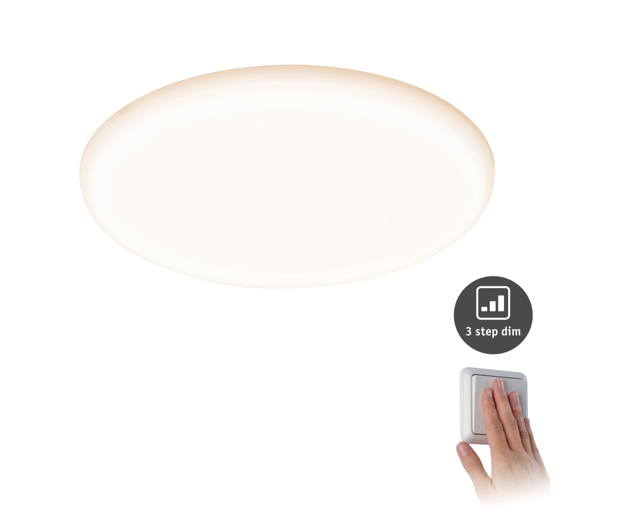 Płaska lampa sufitowa z włącznikiem światła i ikoną 3-stopniowego ściemniania.