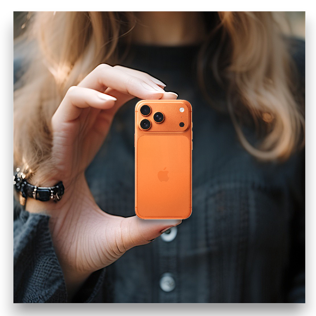 Una mano sostiene un pequeño teléfono inteligente naranja con tres cámaras.