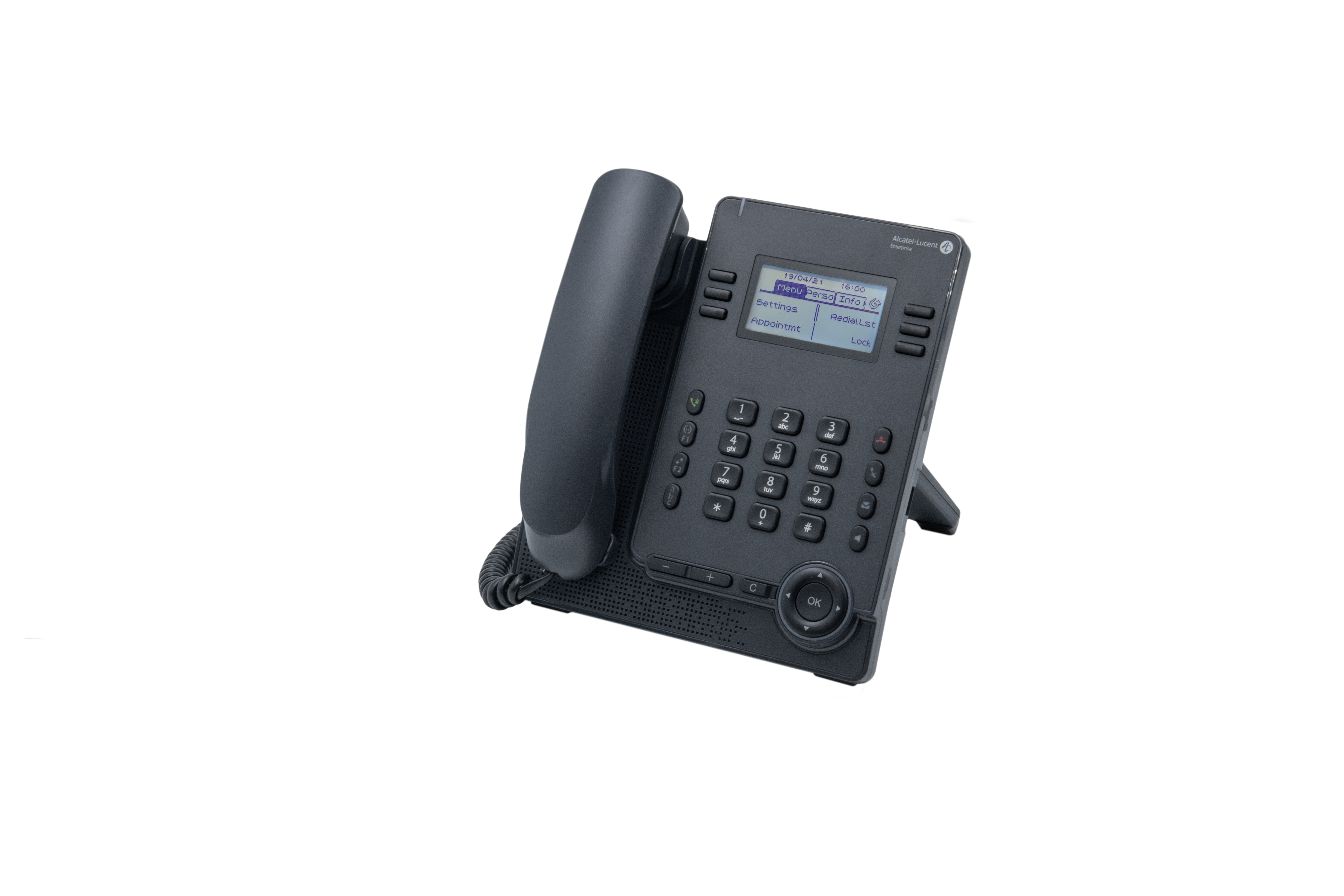 Telefono da scrivania Alcatel-Lucent grigio scuro con schermo, tastiera e cornetta.