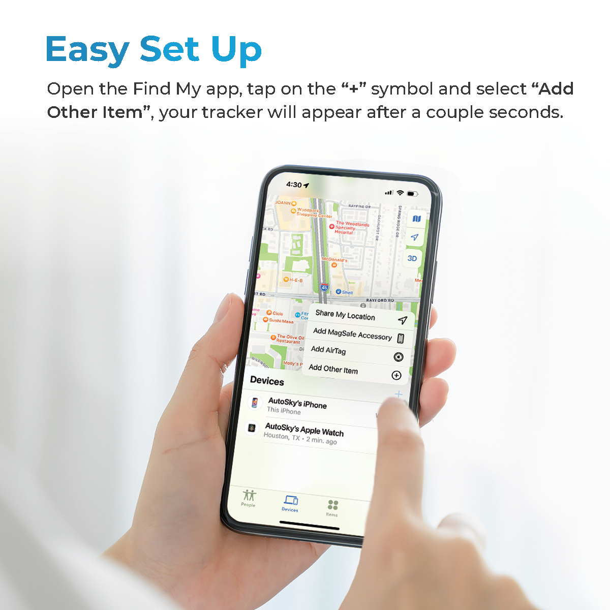 Una mano tiene un iPhone che mostra l'app "Dov'è" con una mappa e dispositivi.