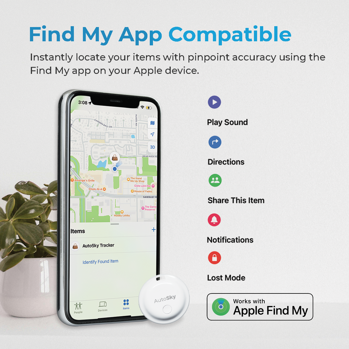 Un iPhone mostra l'app Dov'è con un tracker AutoSky. Opzioni: Riproduci suono, Indicazioni, Condividi.
