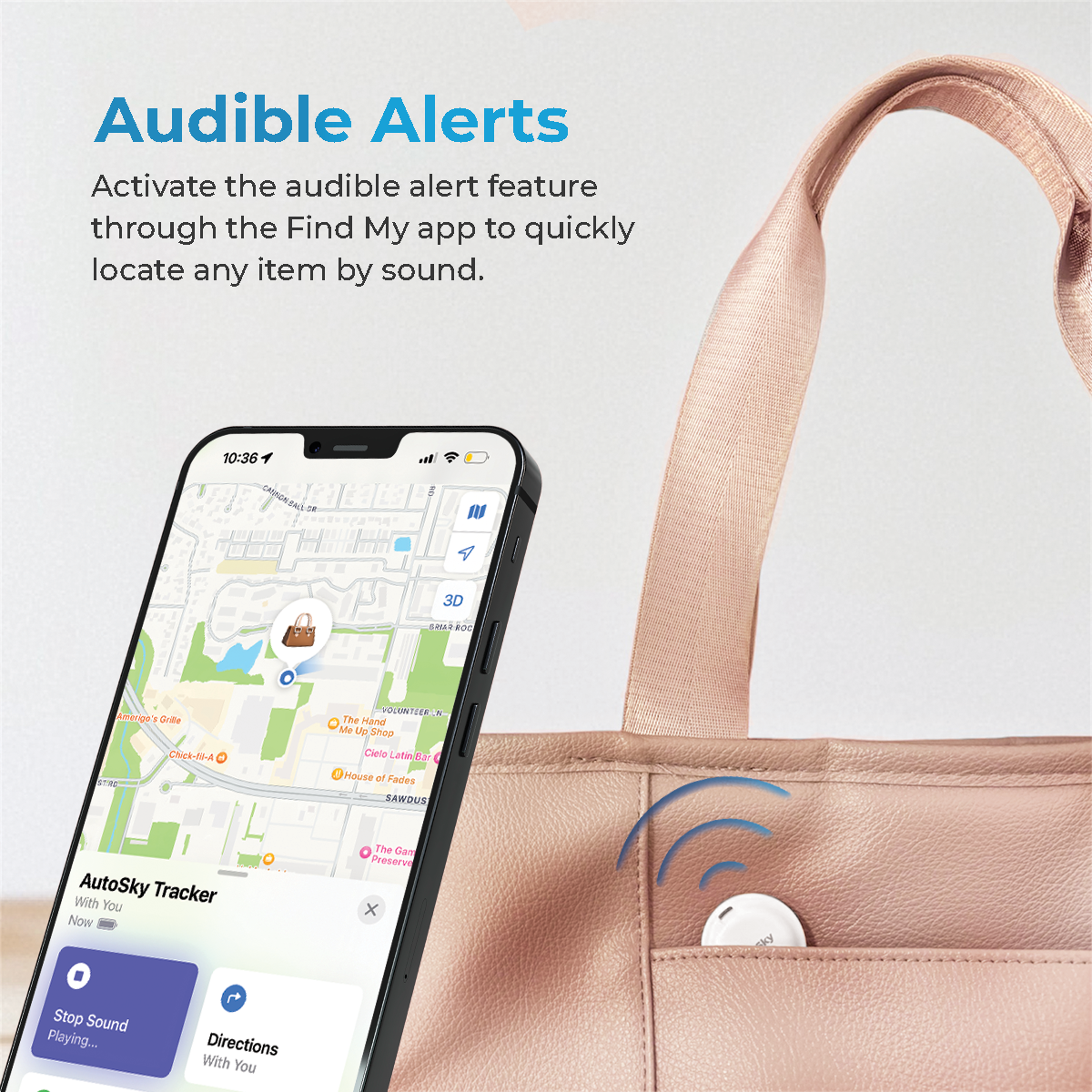 Schermo telefono mostra mappa con tracker. Tracker bianco in tasca borsa rosa.