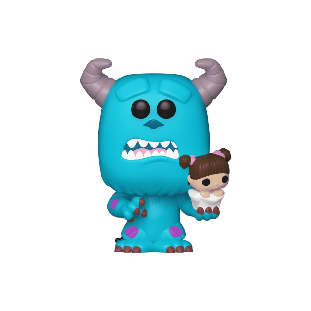 Una figura Funko Pop de Sulley de Monstruos S.A., azul con manchas moradas, sosteniendo una pequeña figura de Boo en blanco.