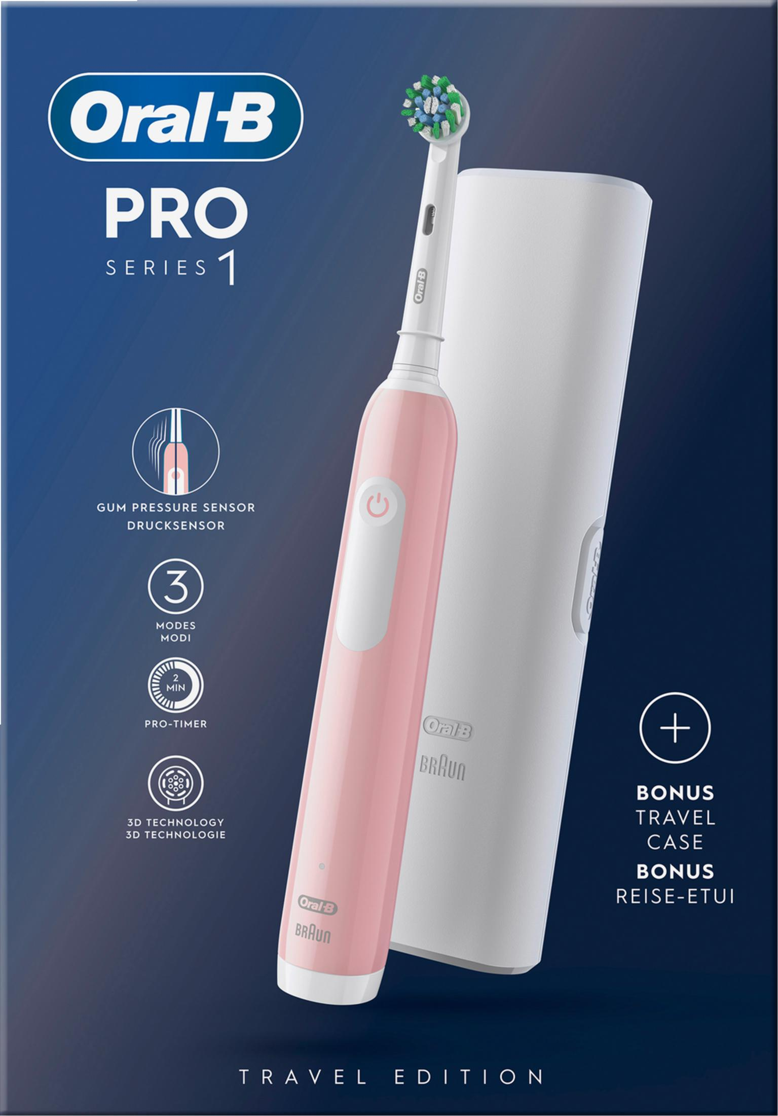 Uno spazzolino Oral-B PRO Series 1 rosa con custodia da viaggio bianca e accenti blu.