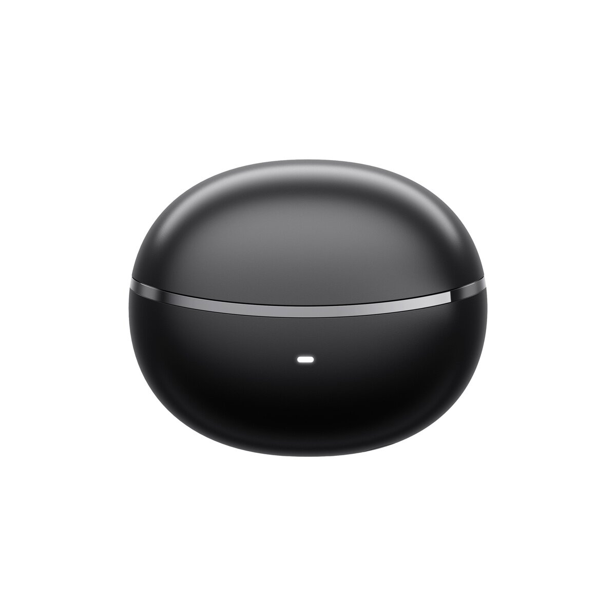Una custodia di ricarica nera e rotonda per auricolari con fascia argentata e piccola luce LED bianca.