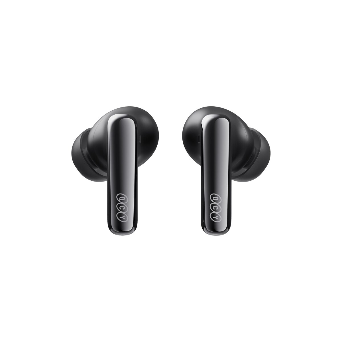 Due auricolari wireless neri con logo QCY su sfondo bianco.