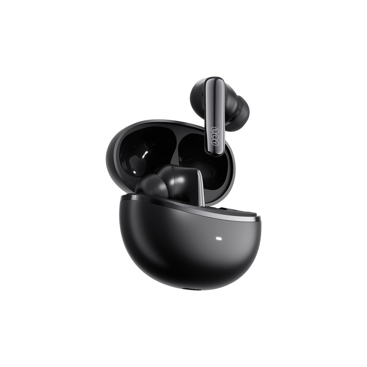 Auricolari wireless neri in una custodia di ricarica aperta su sfondo bianco.