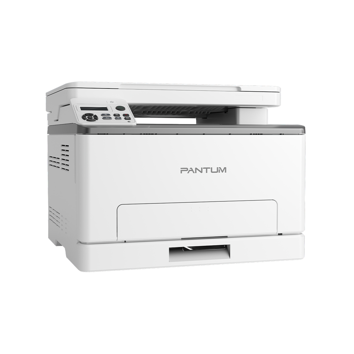 Ein weißer Pantum Drucker mit Scanner-Aufsatz und Bedienfeld.