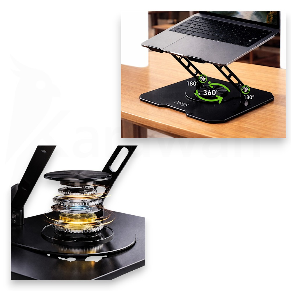 Soporte negro para portátil con base giratoria sobre mesa de madera.